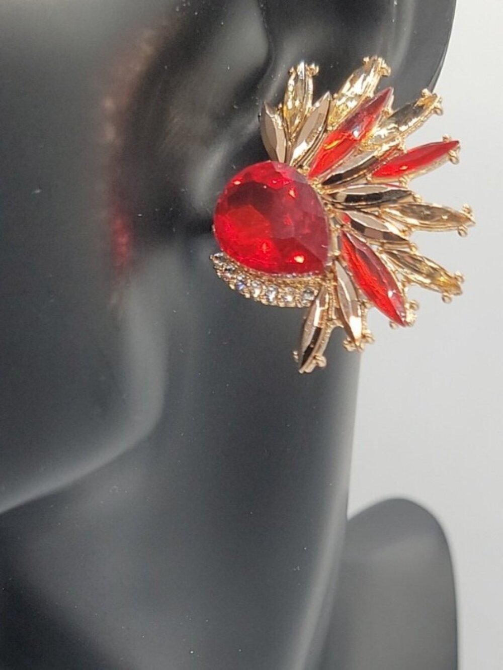 Vintage Red Gold Rhinestone Earrings Sparkle Statement Ballroom Pierced Earrings